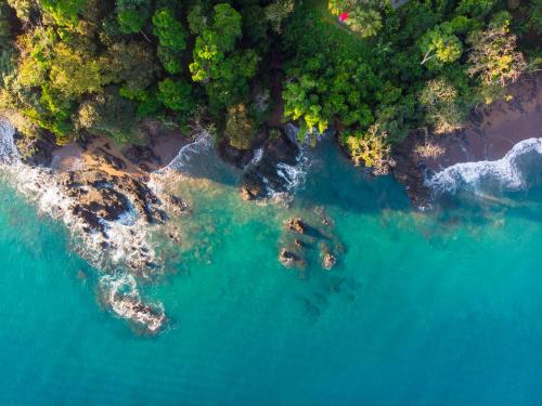 an aerial view of a beach and the ocean at Las Caletas Lodge in Drake