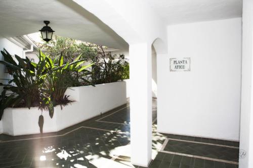 a hallway with potted plants and a sign on a wall at Luxury Puerto Banus Penthouse With Parking & WI-FI in Marbella