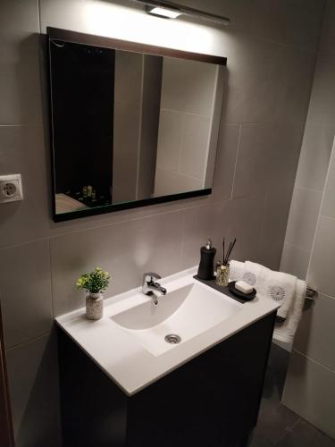 La salle de bains est pourvue d'un lavabo et d'un miroir. dans l'établissement Blanco y López, à Cee