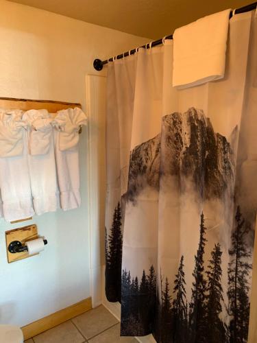 baño con cortina de ducha con una foto de árboles en The Trailhead, en South Lake Tahoe