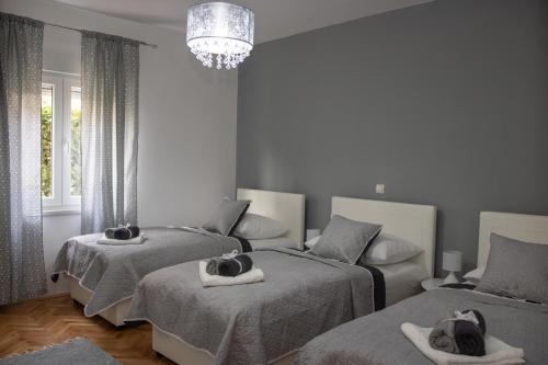 a bedroom with two beds with dogs laying on them at Apartman Miletic in Mostar