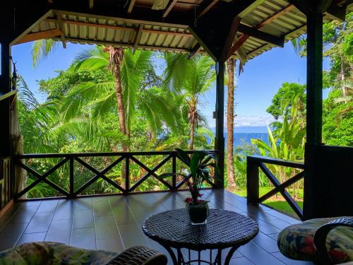 a porch with a table and chairs and a view of the ocean at Las Caletas Lodge in Drake