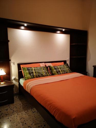 ein Schlafzimmer mit einem großen Bett mit einer orangefarbenen Bettdecke in der Unterkunft S'arrulloni in Cagliari