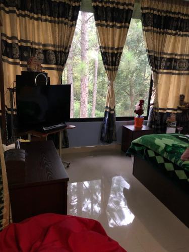 a bedroom with a bed and a large window at Hamadhi guest in Haldummulla