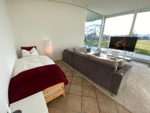 a living room with a couch and a television at Exklusive Mini-Villa mit viel Platz in Herisau