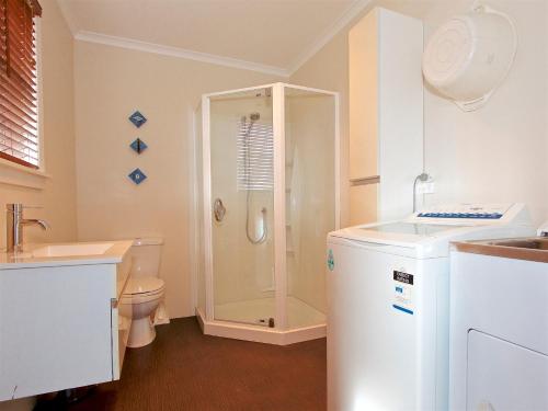 a bathroom with a shower and a toilet and a sink at Raetihi Cottage- Raetihi Holiday Home in Raetihi