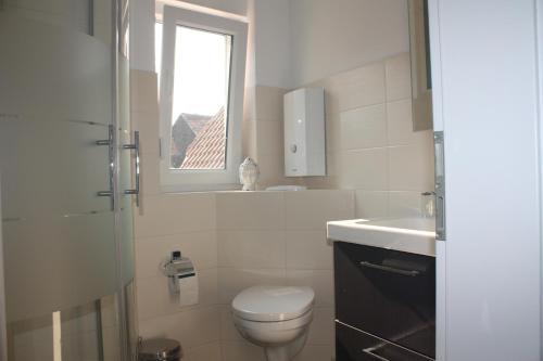 a bathroom with a toilet and a sink and a window at Ferienwohnung Familie Westermann in Kapellen-Drusweiler