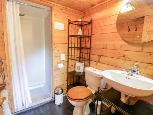 a bathroom with a toilet and a sink at The Log Cabin in Kilmore