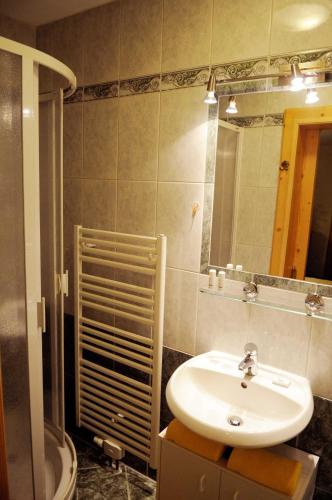 a bathroom with a sink and a toilet and a mirror at Appartementhaus Olympia Schlössl in Neustift im Stubaital