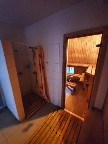 uma casa de banho com um chuveiro e uma porta para um quarto em Mazā Kāpa em Koknese