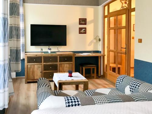 salon z kanapą i telewizorem z płaskim ekranem w obiekcie Golden Wood Apartments w Pilznie