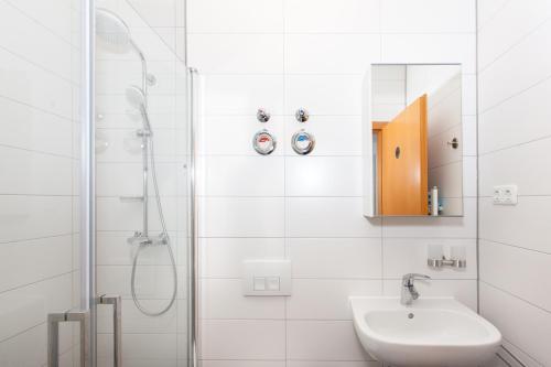 ein weißes Bad mit einem Waschbecken und einer Dusche in der Unterkunft Ferienwohnung City in Erfurt