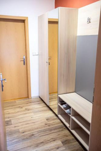 a dressing room with a mirror and a closet at Penzion Dena in Jihlava