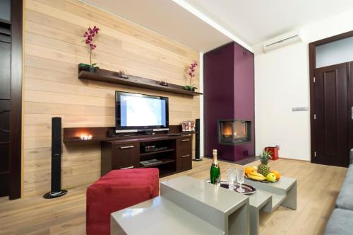 プラハにあるLuxury apartments Pricnaのリビングルーム(テレビ、赤い椅子付)