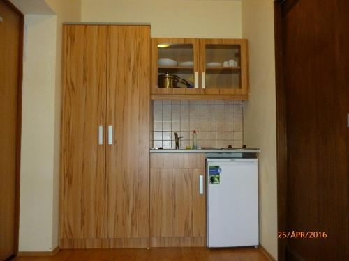 a kitchen with wooden cabinets and a white refrigerator at Mátraházai Üdülőház in Mátraháza