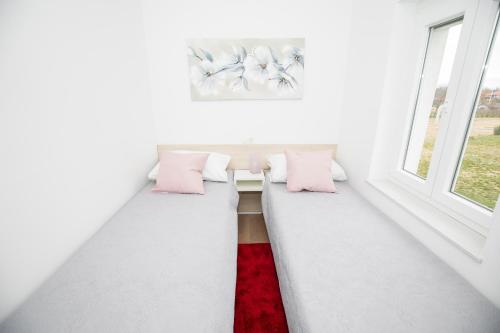 a room with a couch with two pillows and a red rug at Kuće za odmor -Japin breg in Ðurđevac