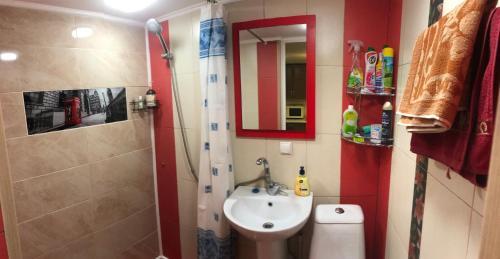 uma pequena casa de banho com um lavatório e um chuveiro em Pastera apartments. em Odessa