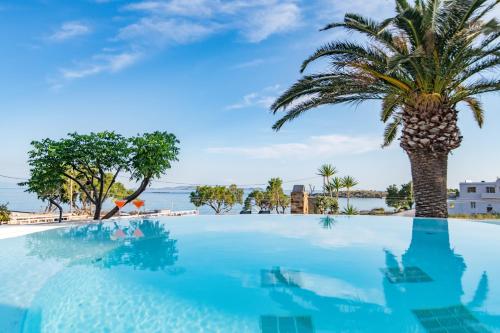 a swimming pool with a palm tree and the ocean at Byzantio Beach Suites & Wellness in Agios Sostis