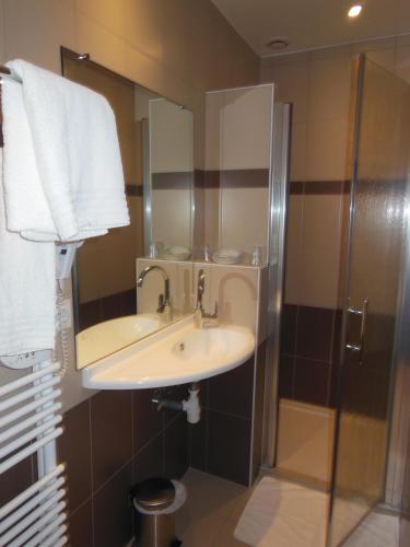 a bathroom with a sink and a shower at Hotel Le Bellevue in Saint-Hippolyte