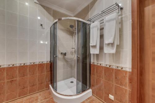 a bathroom with a shower stall and a toilet at Soborniy Hotel in Zaporozhye