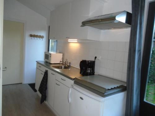 a small white kitchen with a sink and a microwave at Rekerlanden 273 in Schoorldam