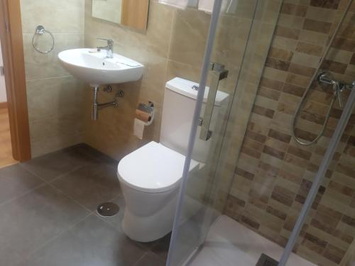 uma casa de banho com um WC, um lavatório e um chuveiro em Hostal Outarelo em Ourense