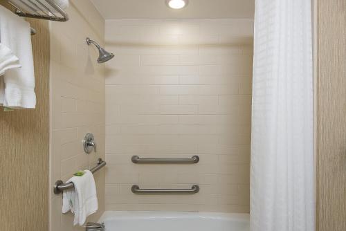 a bathroom with a shower with a tub and a toilet at Holiday Inn Express Princeton Southeast, an IHG Hotel in Plainsboro