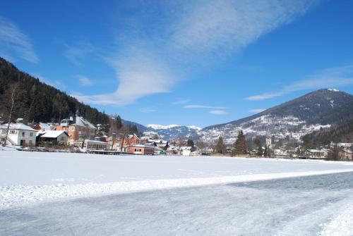 a frozen lake with a town and mountains in the background at Strandhotel Burgstaller in Feld am See