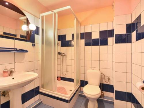 a bathroom with a shower and a toilet and a sink at Zajazd Mistral in Nowa Wieś