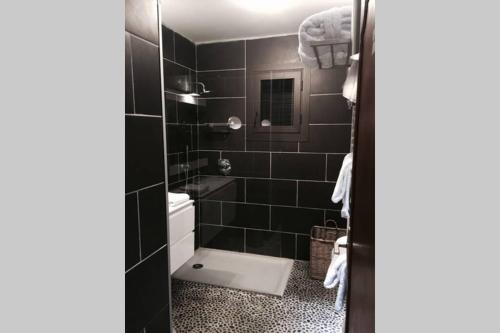 La salle de bains est pourvue de toilettes et d'une douche avec du carrelage noir. dans l'établissement Villa piscine chauffée 5mn de la plage, à Figari