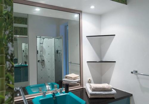 a bathroom with a blue sink and a mirror at Le "bassin pirogues" in Étang-Salé