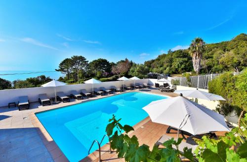 a beach with a pool and a blue umbrella at Residence Canella in Sari Solenzara