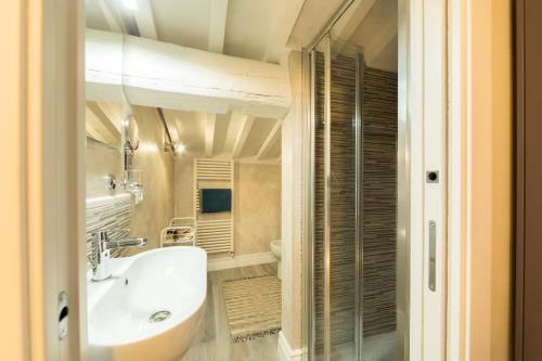 a bathroom with a sink and a shower at Margarida Apartment in Florence