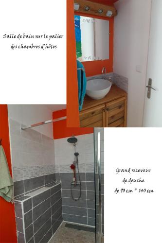 une salle de bain avec une baignoire, un lavabo et une douche dans l'établissement E lu chantauziau, à La Monnerie-le Montel