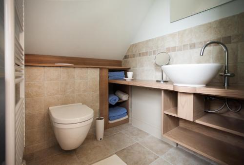une salle de bains avec toilettes et lavabo dans l'établissement Landhaus Gernitz, à Seedorf