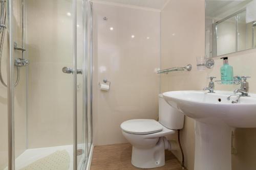 a bathroom with a toilet and a sink and a shower at Aynsome Manor Hotel in Cartmel