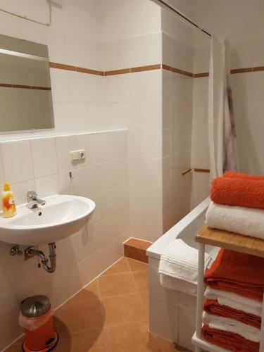 La salle de bains est pourvue d'un lavabo et d'une baignoire. dans l'établissement Wohnung in direkter Innenstadtlage, à Potsdam