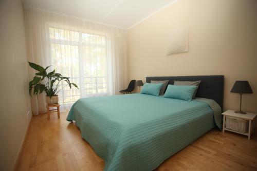 a bedroom with a bed with blue sheets and a window at Cozy Home Apartment Kaivas, free parking, self check-in in Riga