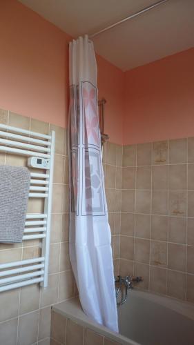 een douchegordijn in de badkamer met een bad bij Maison de vacances pour 6 personnes avec piscine in Lainsecq