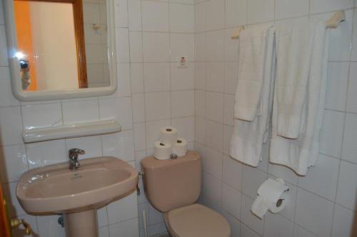 a bathroom with a toilet and a sink and a mirror at Apartamentos Teror - Gavias del Sol in Playa del Ingles