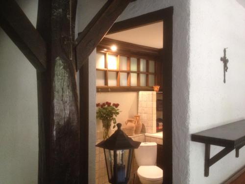 une salle de bain avec toilettes et fenêtre dans l'établissement L'abri la Vall, à Sorède