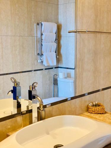 a bathroom with a sink and a mirror with towels at ArkPalmira in Odesa