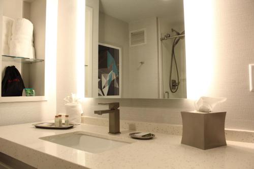 a bathroom with a sink and a shower at Hotel Indigo Harrisburg - Hershey by IHG in Harrisburg