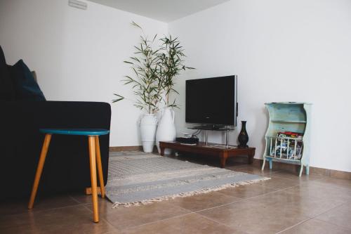 a living room with a tv and a chair and a rug at Casa do Tio in São Vicente