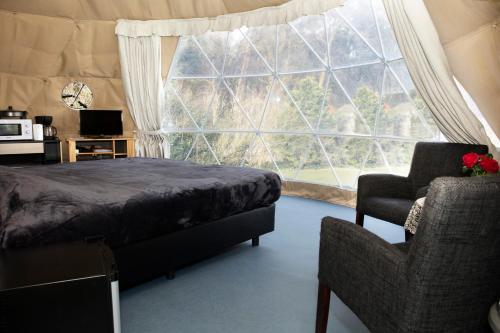 - une chambre avec un lit, une chaise et une grande fenêtre dans l'établissement Costa Kabrita, à Huijbergen