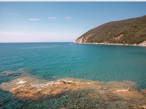 an aerial view of a body of water with a mountain at Casa Ginni con Piscina e giardino in Caravonica