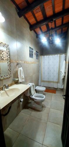 a bathroom with a toilet and a sink and a mirror at La Maina Uribe in Uribelarrea