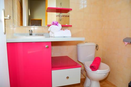 a bathroom with a red sink and a toilet at RESIDENCE MON REFUGE in Grande Anse