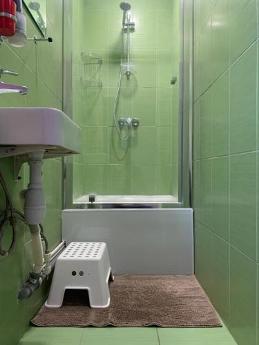 モスクワにあるホステル エセニンのバスルーム(洗面台、シャワー、ステップスツール付)