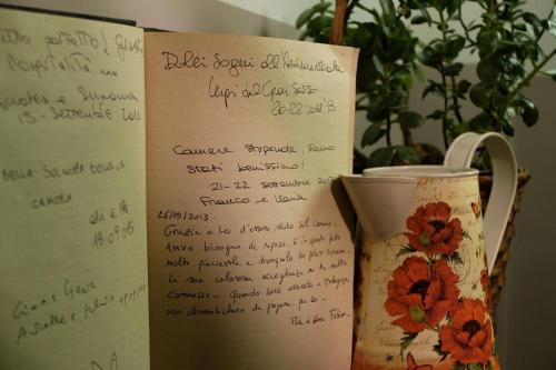 a book with writing on it next to a vase at Bed and Breakfast L'Annunziata in Sulmona